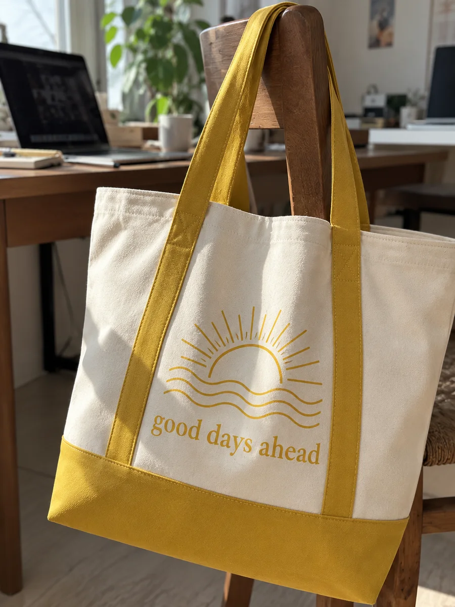 "good days ahead" line-art print, mustard handles, close-up