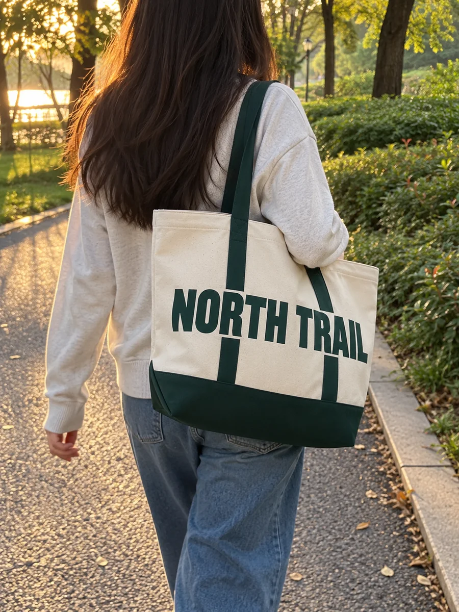 "NORTH TRAIL" print, forest-green bottom and handles, from behind