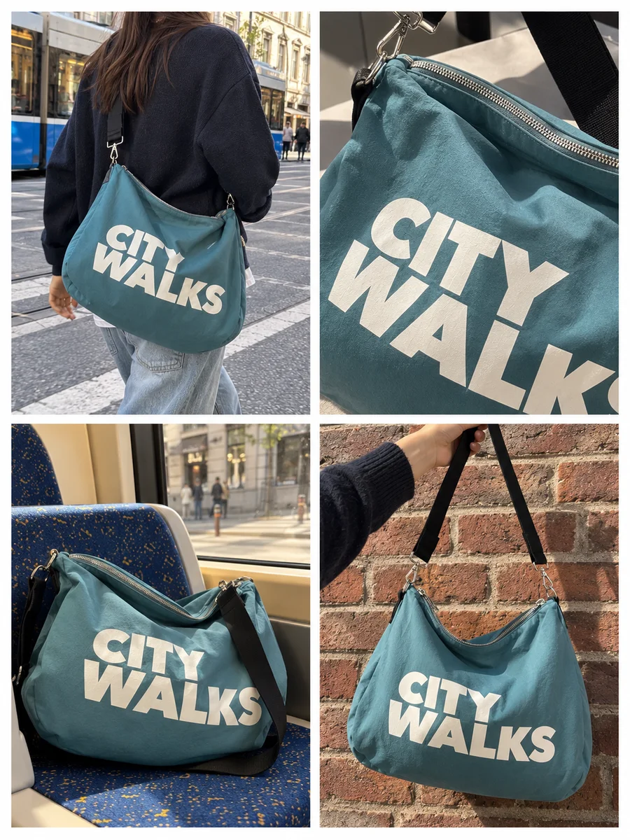 Teal bag, white "CITY WALKS" print, four looks