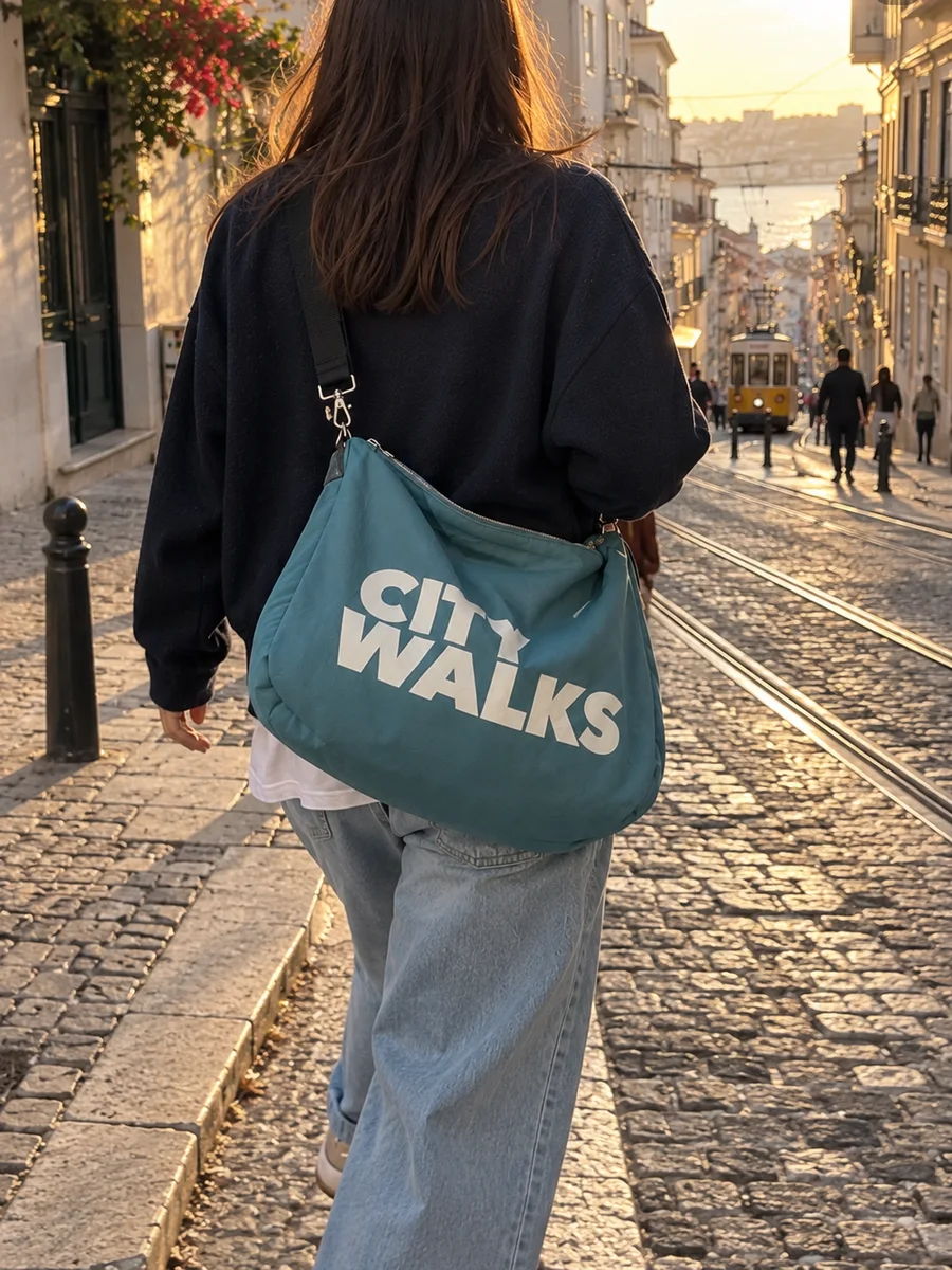 Teal bag, white "CITY WALKS" print, from behind