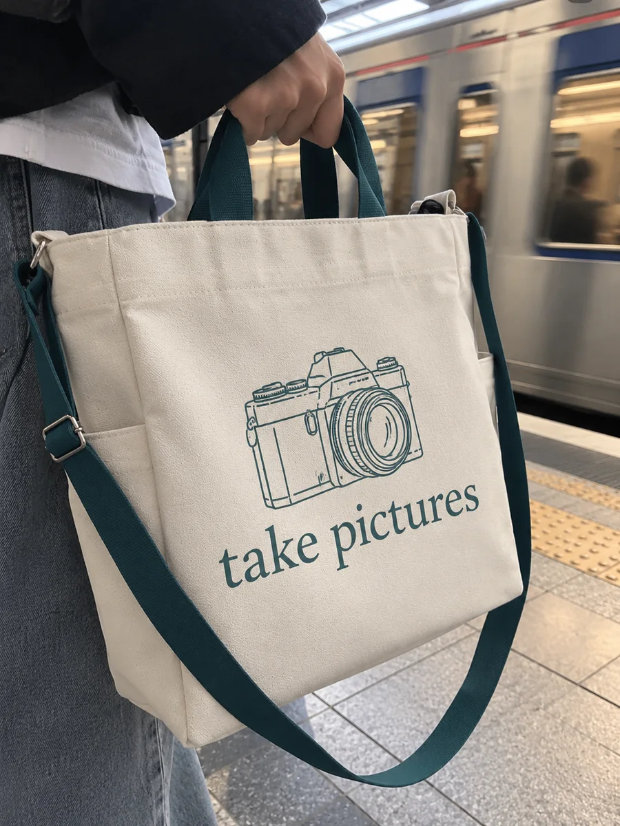 "take pictures" line-art print, teal strap, close-up