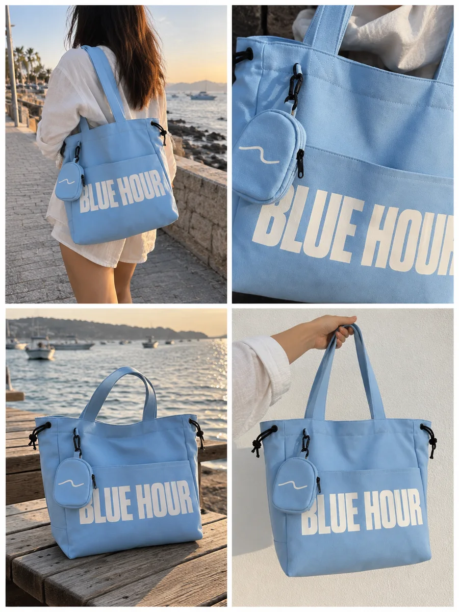 Light-blue bag, white "BLUE HOUR" print, four looks