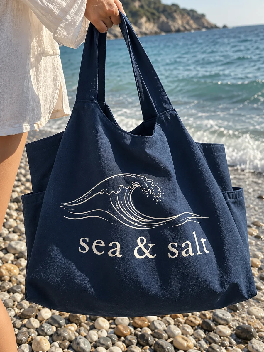 Navy bag, white "sea & salt" line-art print, close-up