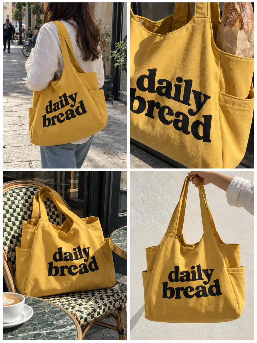 Mustard bag, black "daily bread" print, four looks