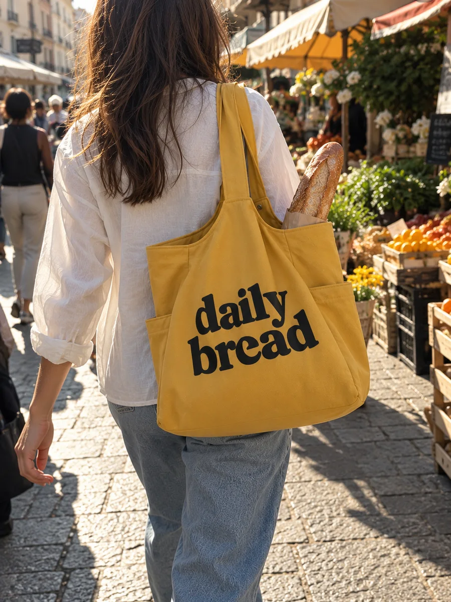 Mustard bag, black "daily bread" print, from behind
