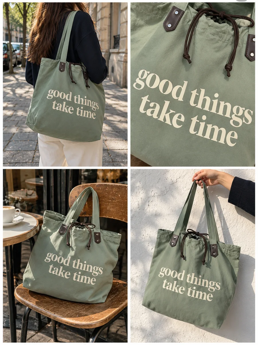 Sage-green bag, cream "good things take time" print, four looks