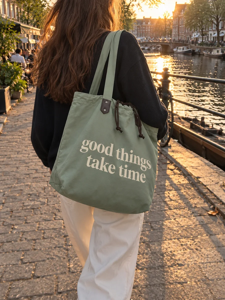 Sage-green bag, cream "good things take time" print, from behind