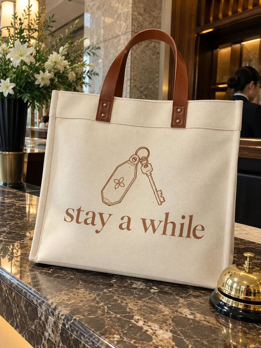 "stay a while" line-art print, tan leather handles, close-up