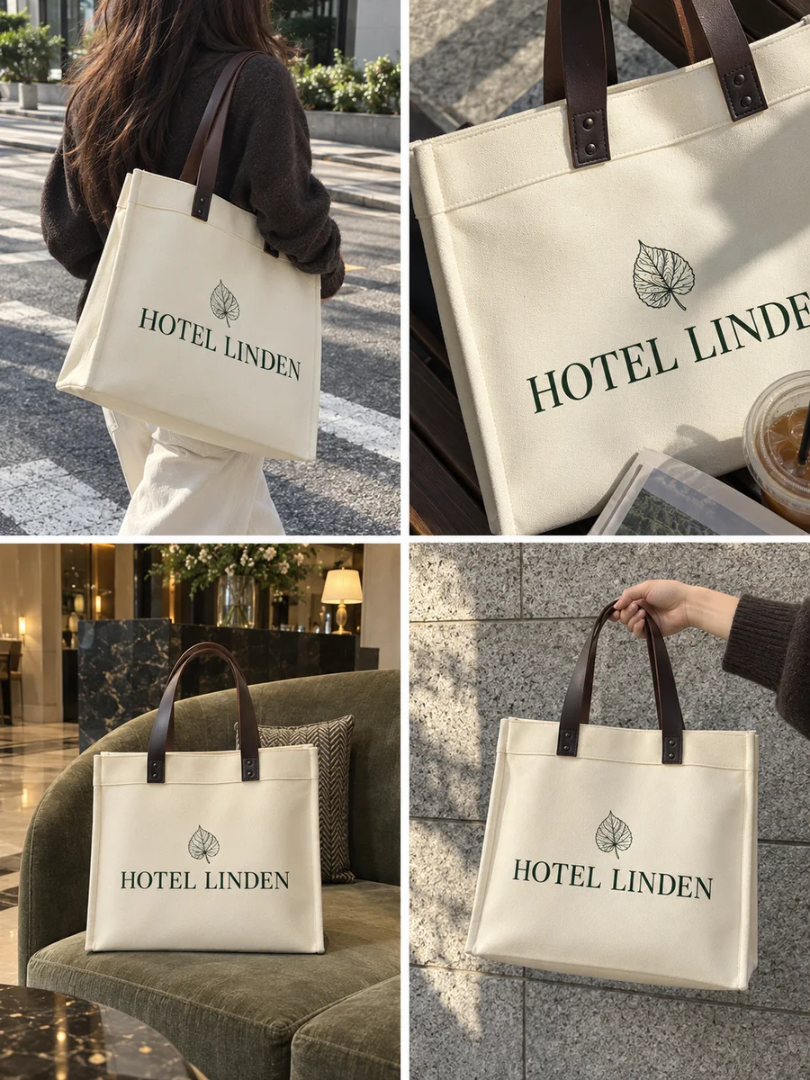 "HOTEL LINDEN" print, dark-brown leather handles, four looks