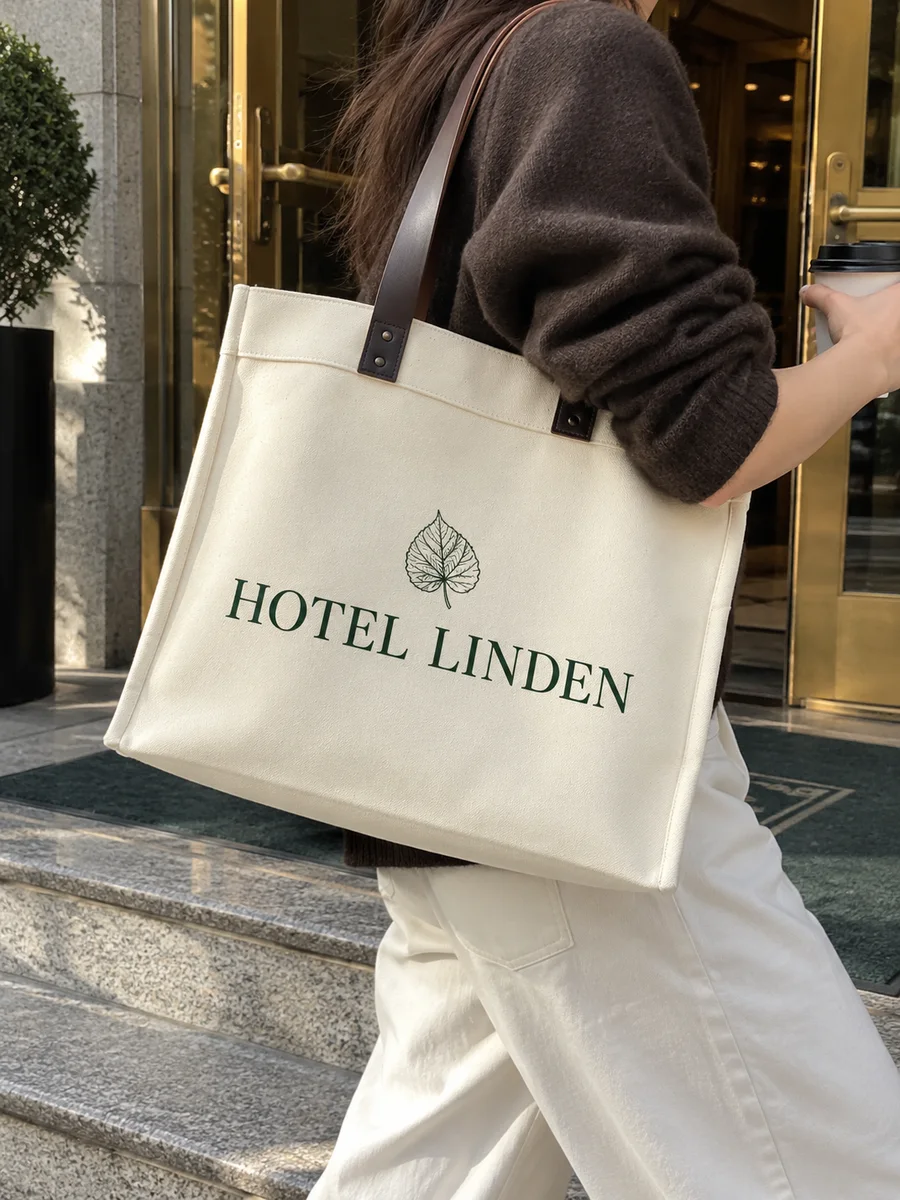 "HOTEL LINDEN" print, dark-brown leather handles, on the shoulder