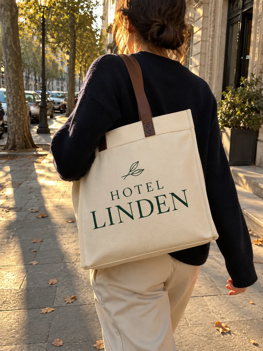 "HOTEL LINDEN" print, dark-brown leather handles, from behind