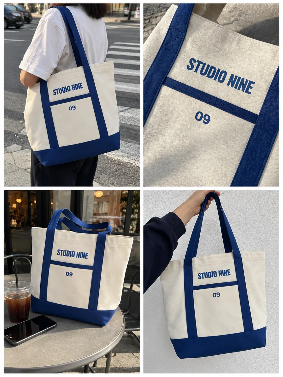 "STUDIO NINE" print, royal-blue handles and pocket binding, four looks