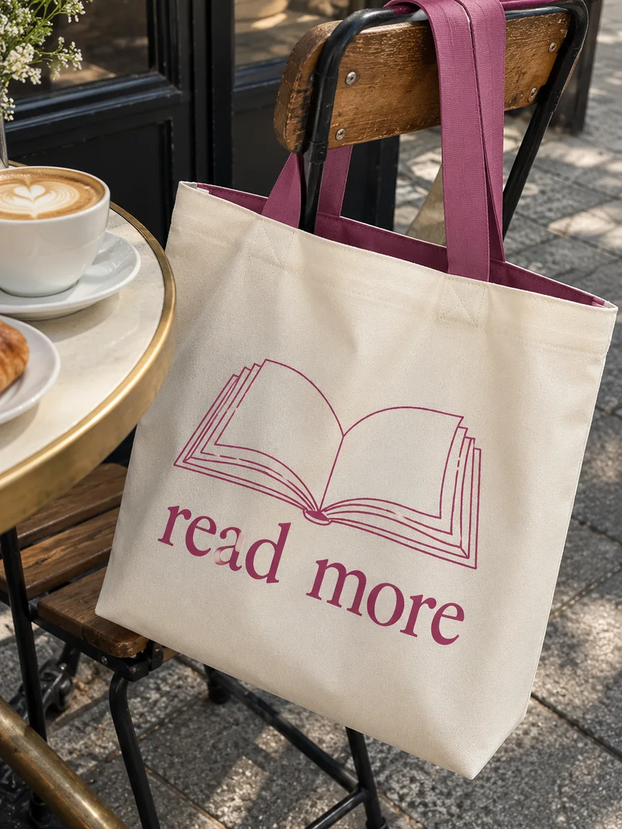 "read more" line-art print, pink handles, close-up