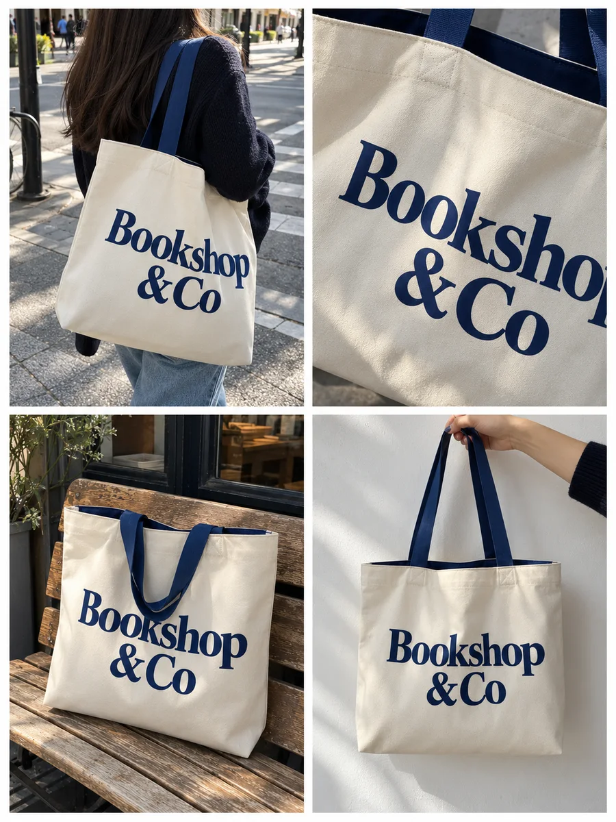 "Bookshop & Co" print, navy handles and lining, four looks