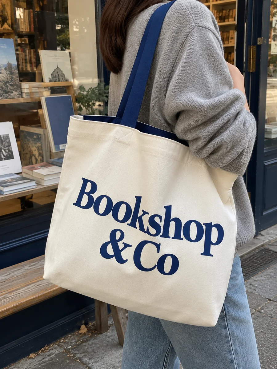 "Bookshop & Co" print, navy handles and lining, on the shoulder