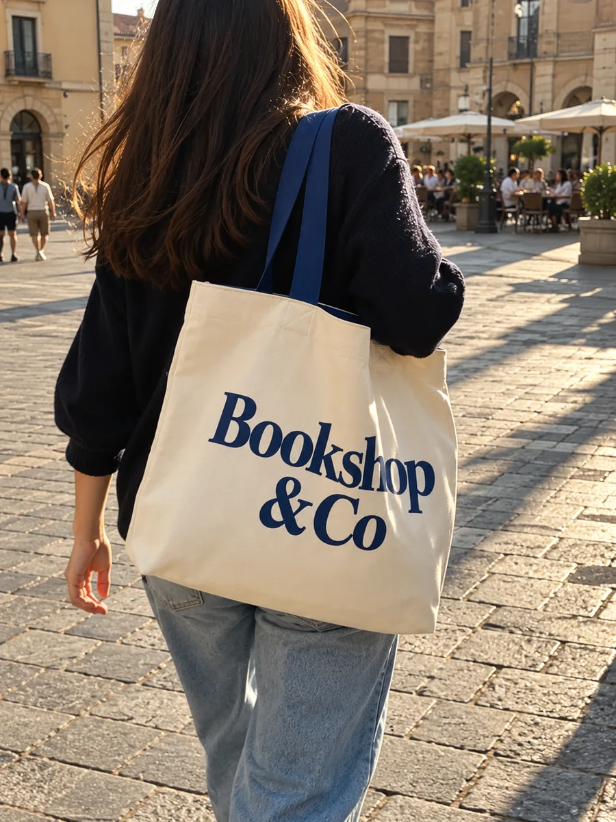 "Bookshop & Co" print, navy handles and lining, from behind