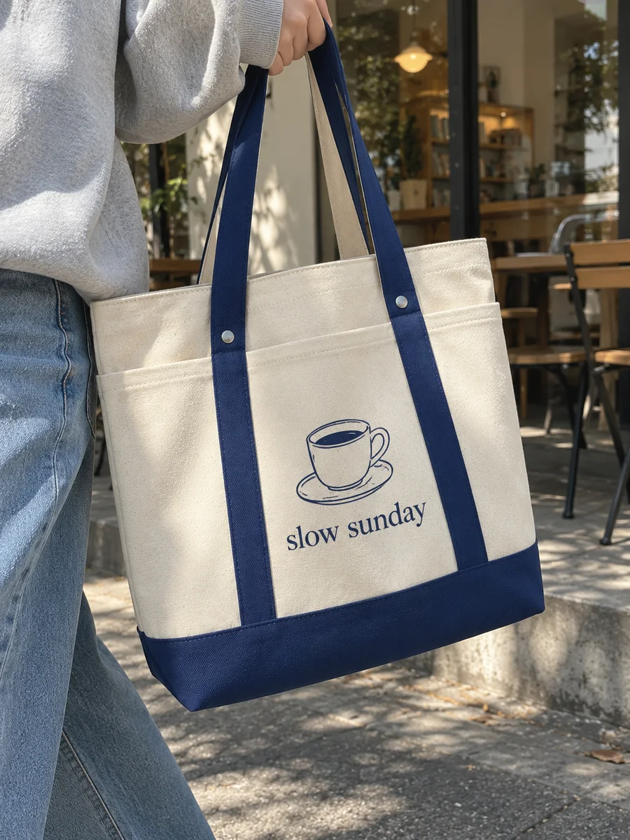 "slow sunday" line-art print, navy trim, close-up