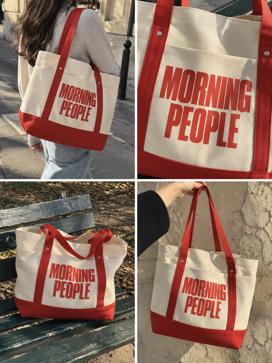 "MORNING PEOPLE" print, red handles and piping, four looks