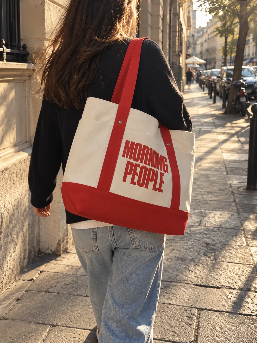"MORNING PEOPLE" print, red handles and piping, from behind