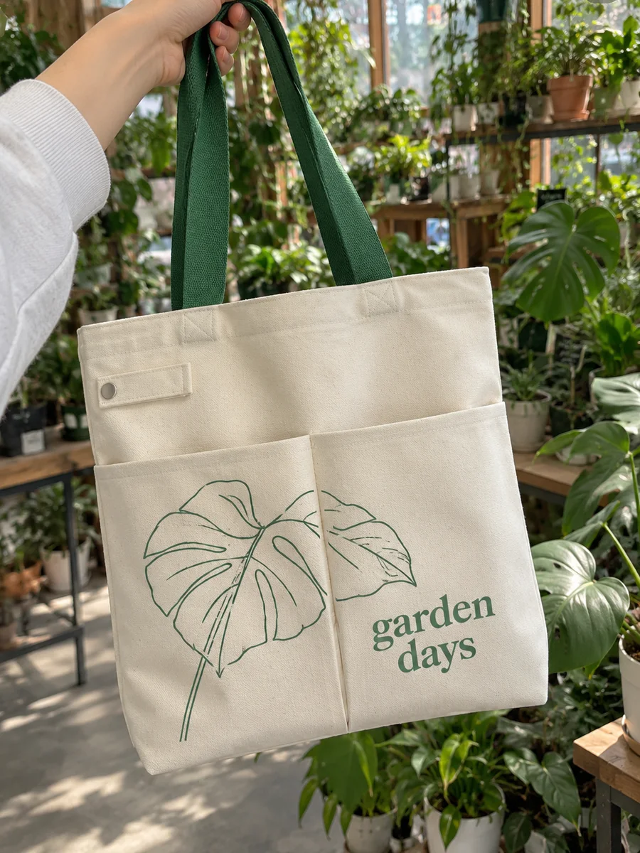 "garden days" line-art print, green handles, close-up