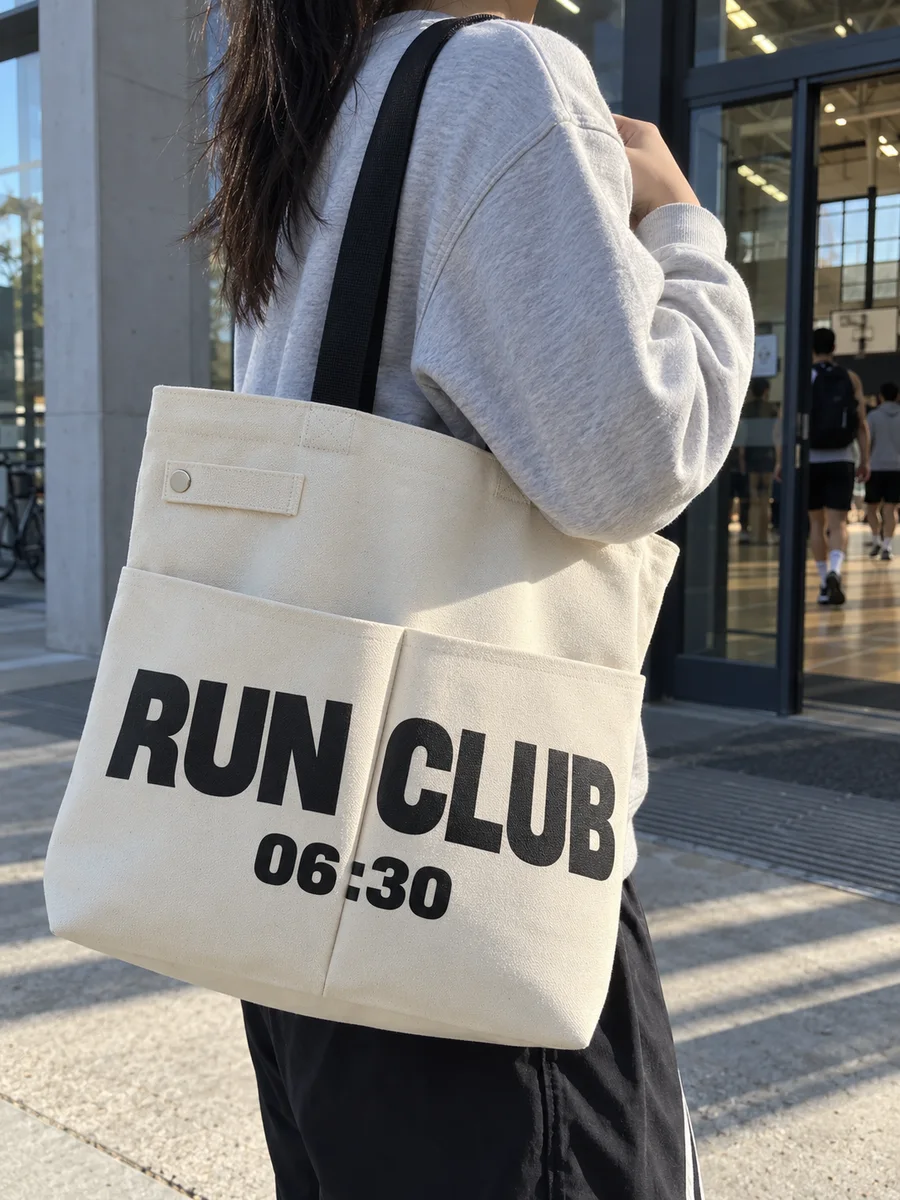 "RUN CLUB 06:30" print, black webbing handles, on the shoulder