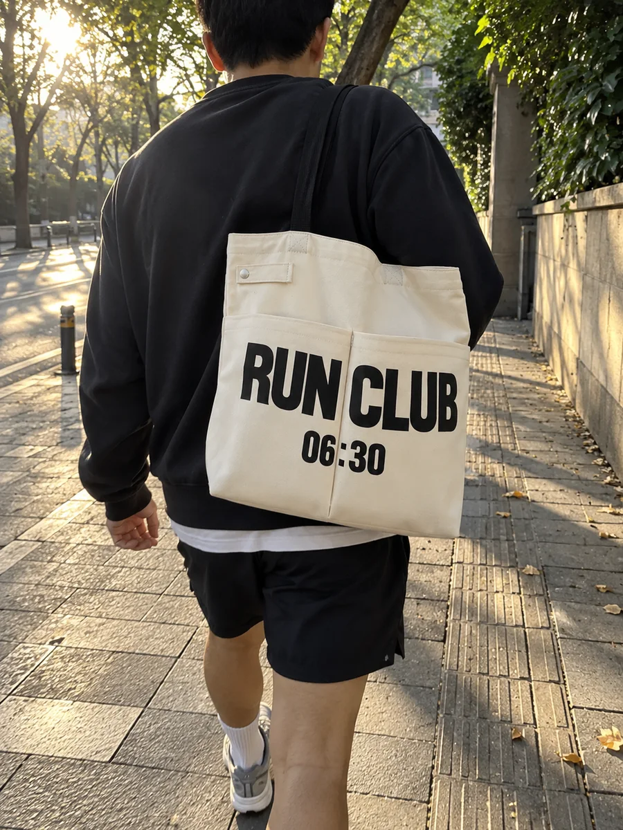 "RUN CLUB 06:30" print, black webbing handles, from behind